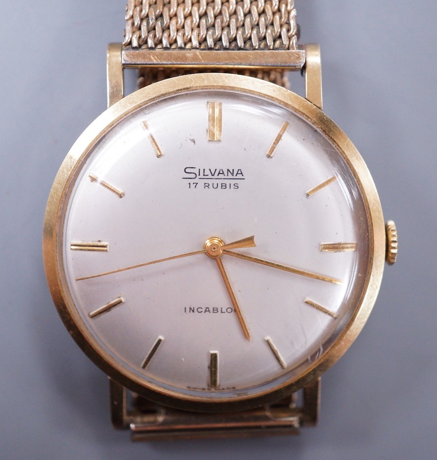 A gentleman's mid 20th century 9ct gold Silvana manual wind dress wrist watch, on a steel and gold plated bracelet